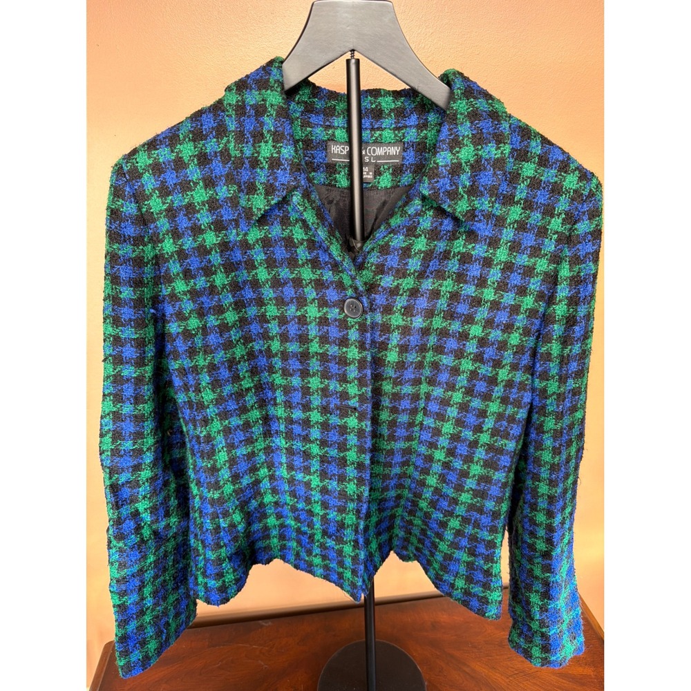 Kasper & Company ASL Blue Green Plaid Tweed Boucle Blazer Jacket Vintage Size 14